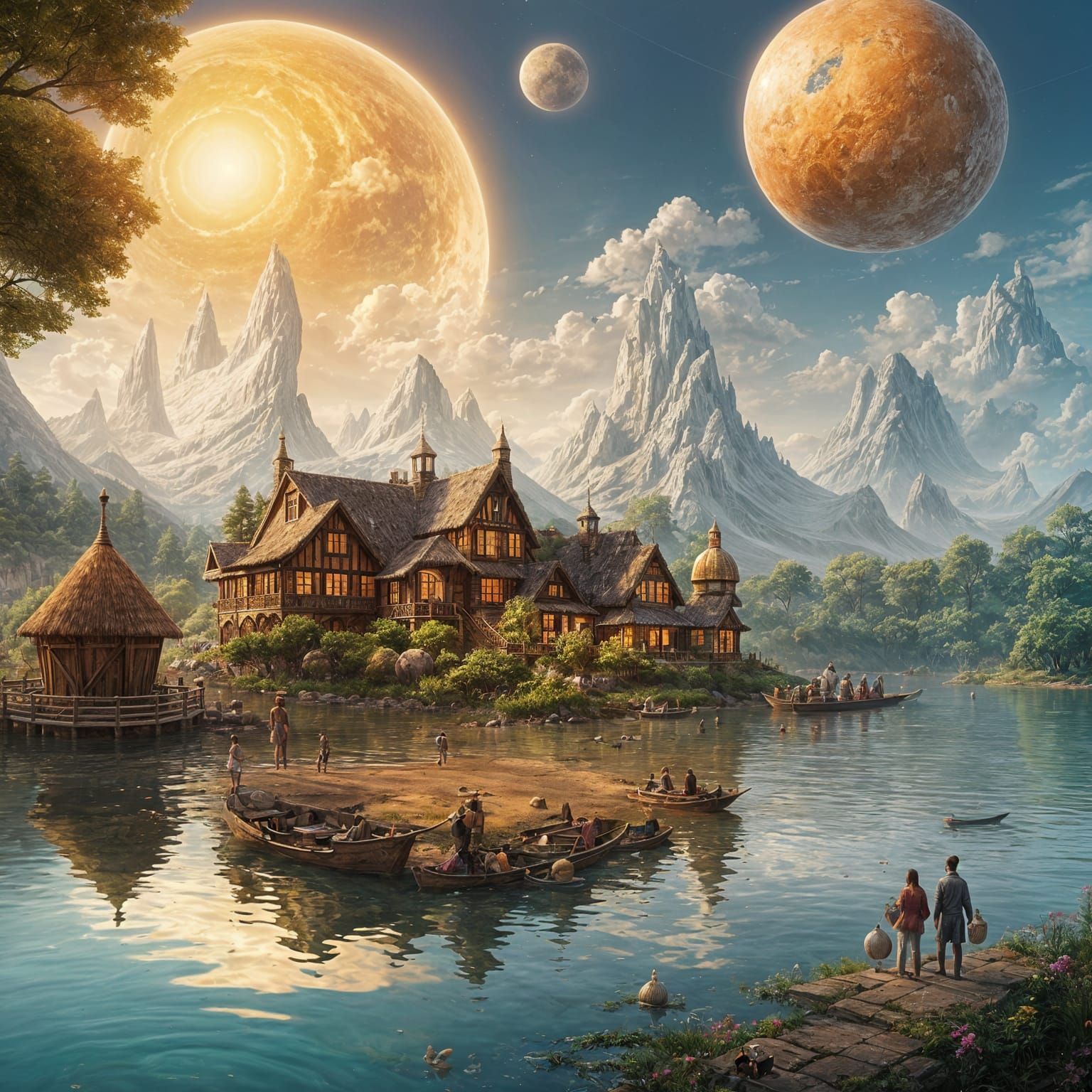 Surreal Pizza Planet Towers over Calm River