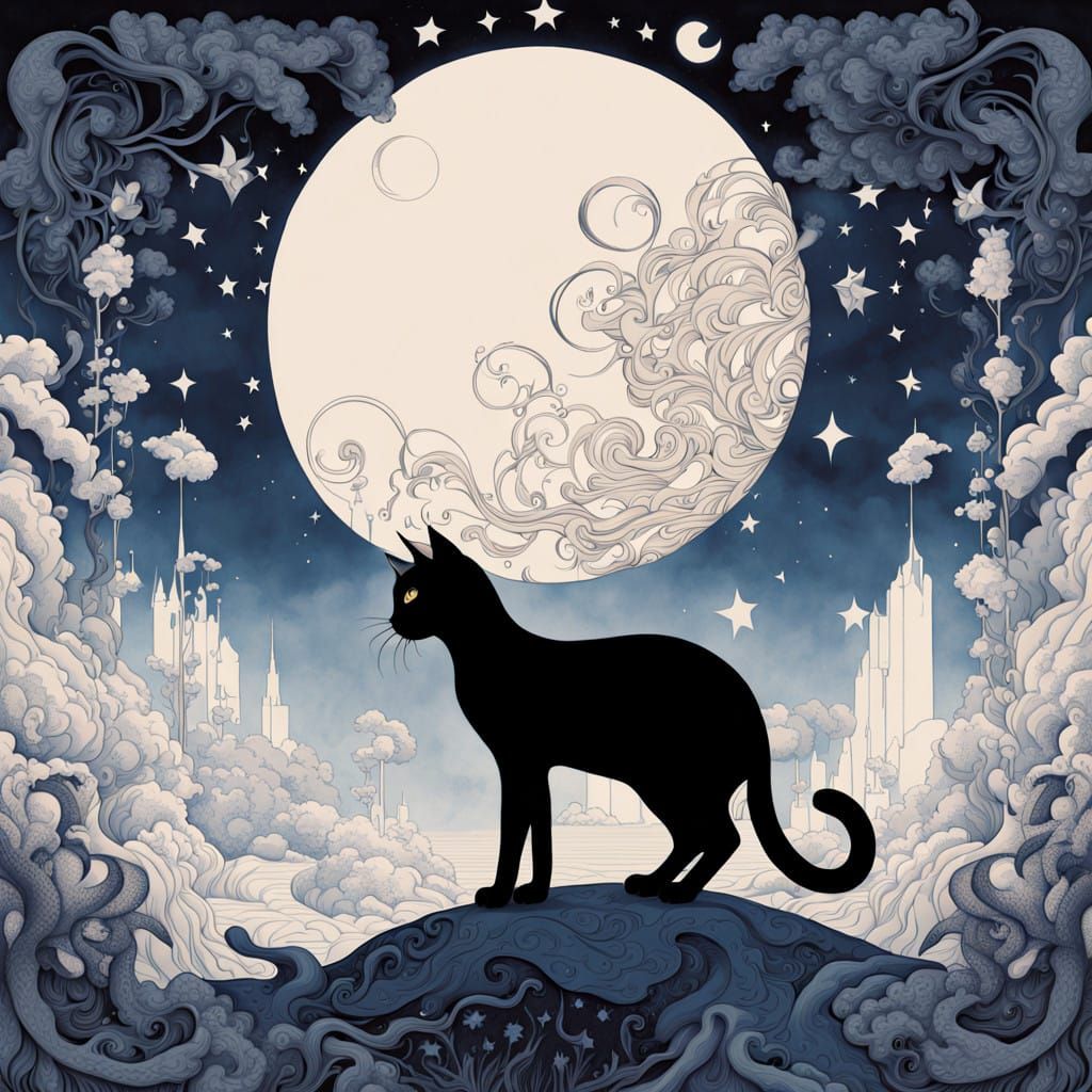Whimsical Black Cat Silhouette in Tim Burton's Dreamlike Sty...