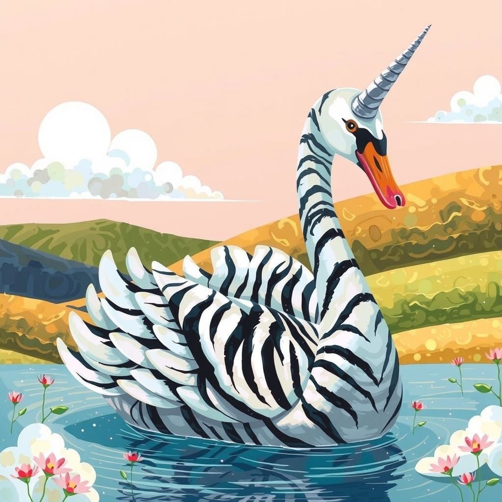 Majestic Swan with Zebra-Striped Neck and Unicorn Horn in Oi...