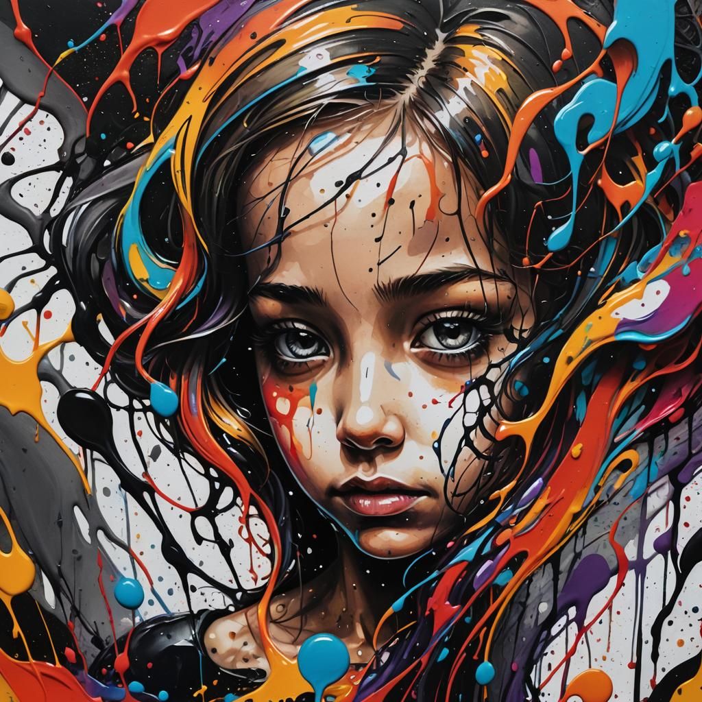 Surreal Graffiti Art: Girl Engulfed by Swirling Ink