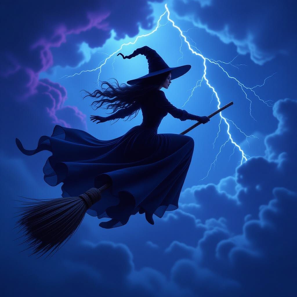 A fierce witch in a flowing black gown and tall hat soars on...