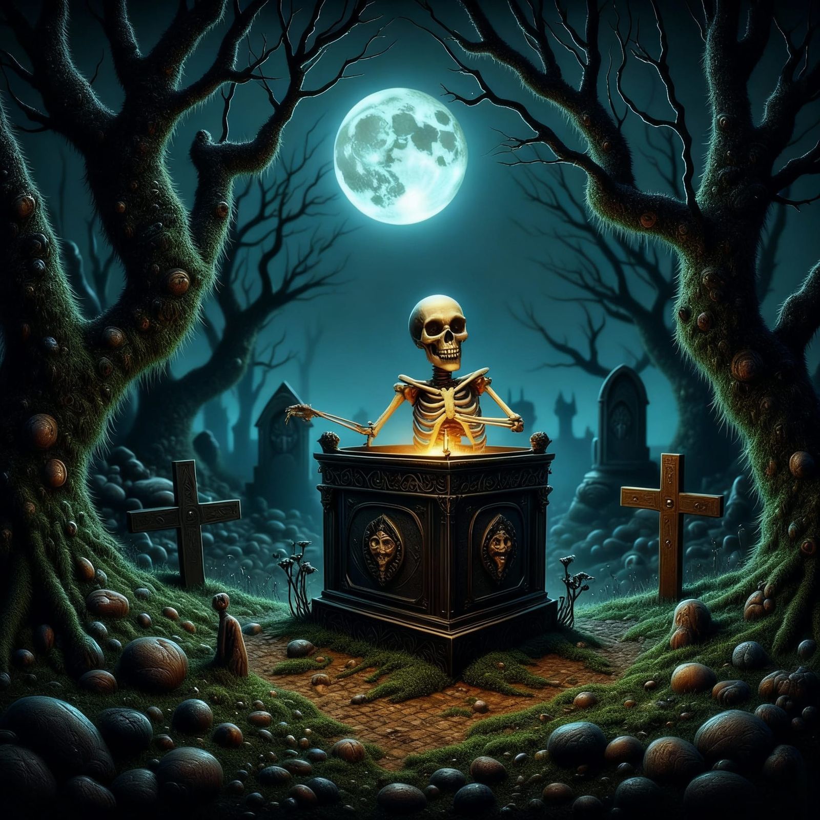 Skeleton Jack-in-the-Box Under Eerie Full Moon
