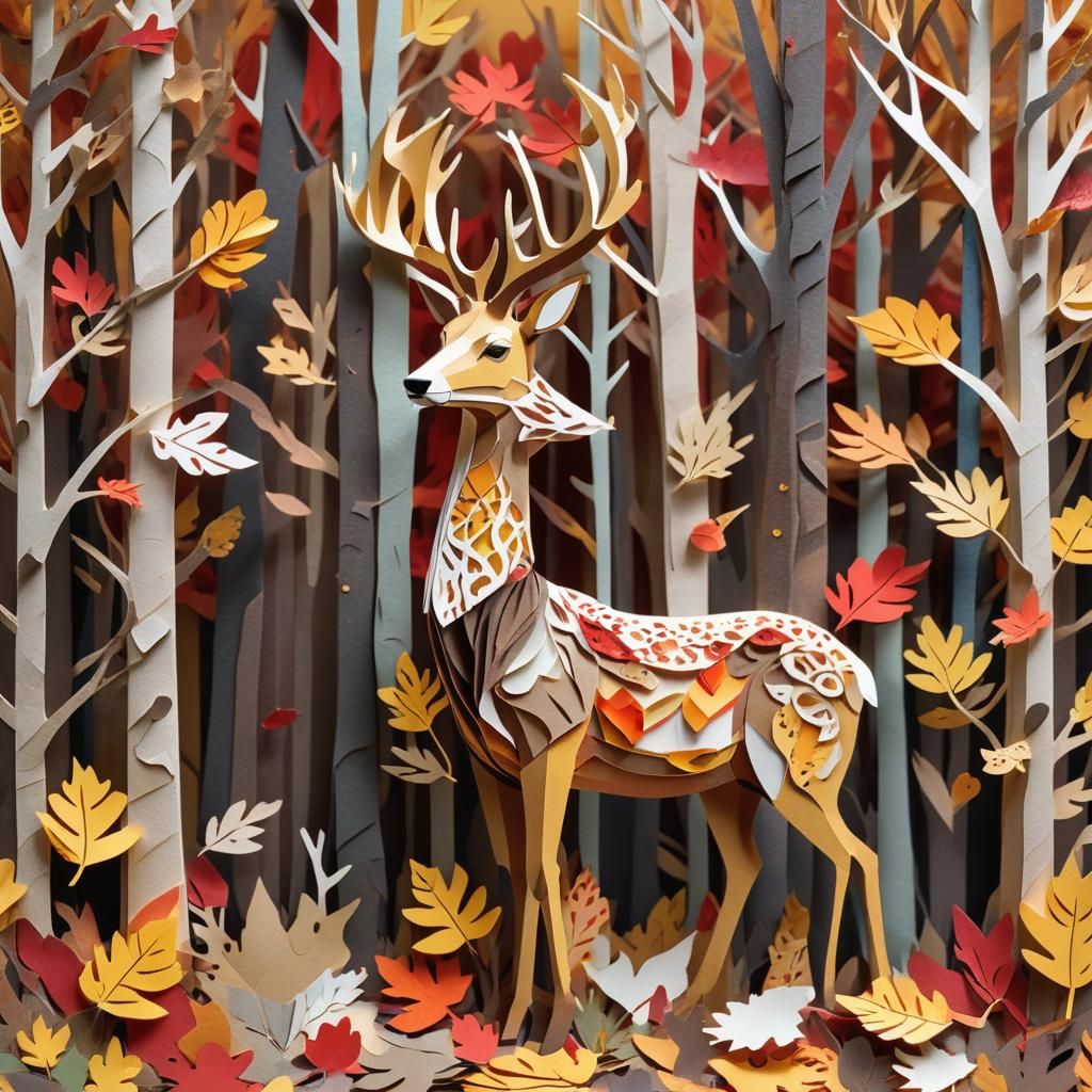 Deer in Autumn Forest: 3D Paper Collage