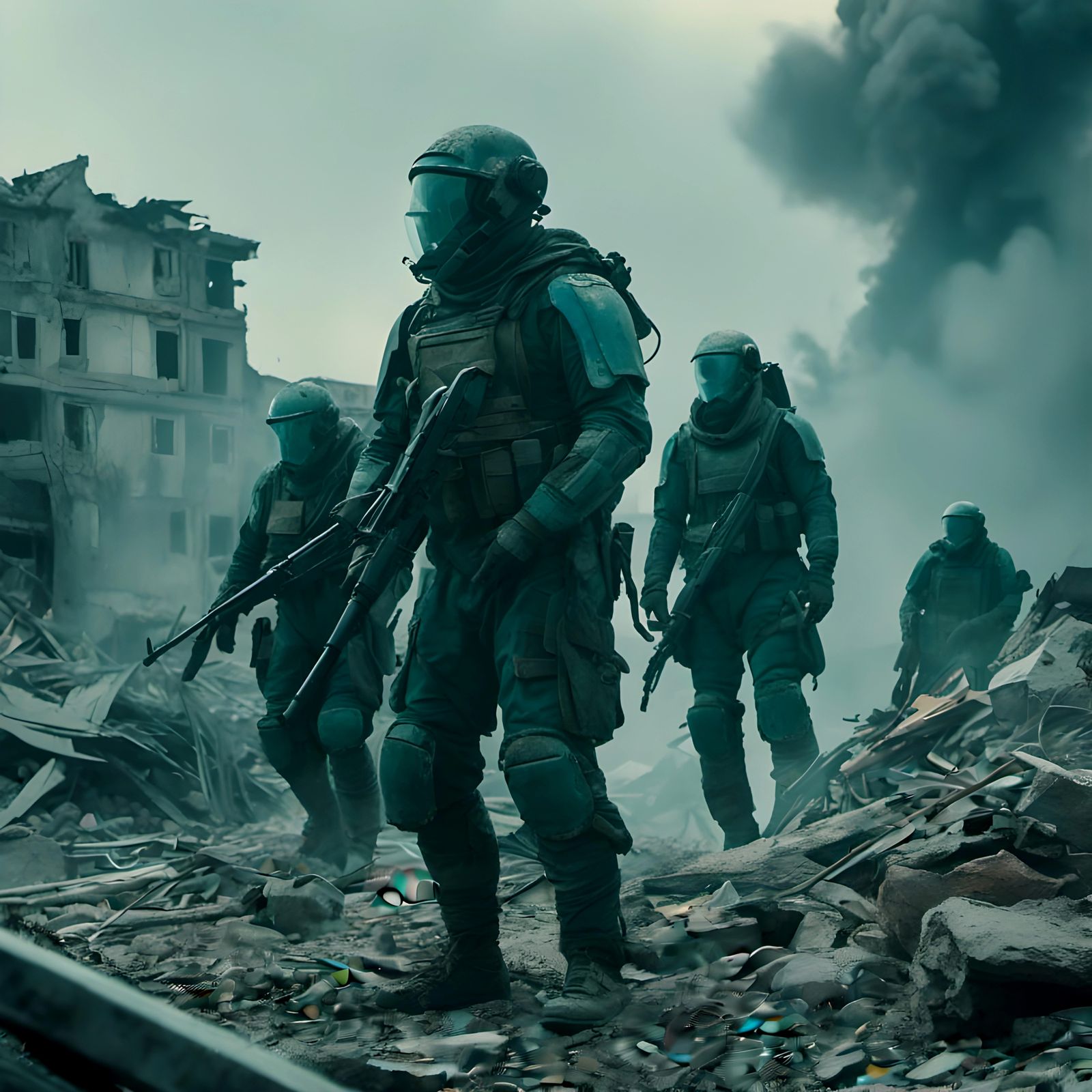 Futuristic Soldiers in a Leveled City: Cinematic Still
