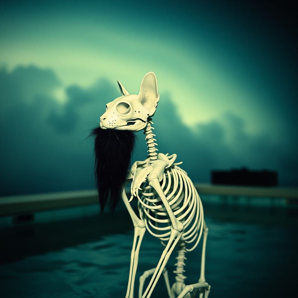 Skeletal Cat by the Pool in Hurricane, Surreal Fine Art