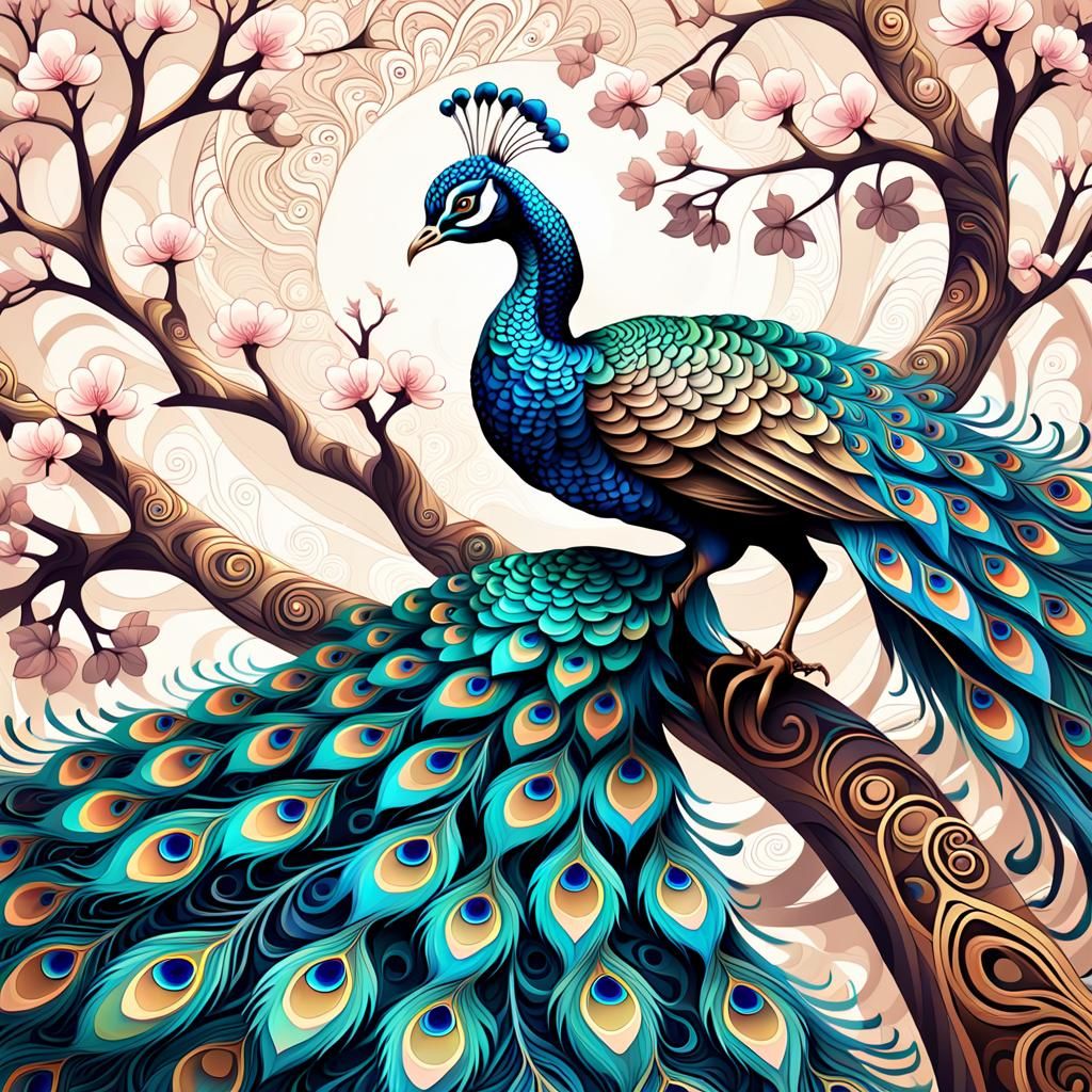 Vibrant Fractal Peacock Perched on a Sakura Tree