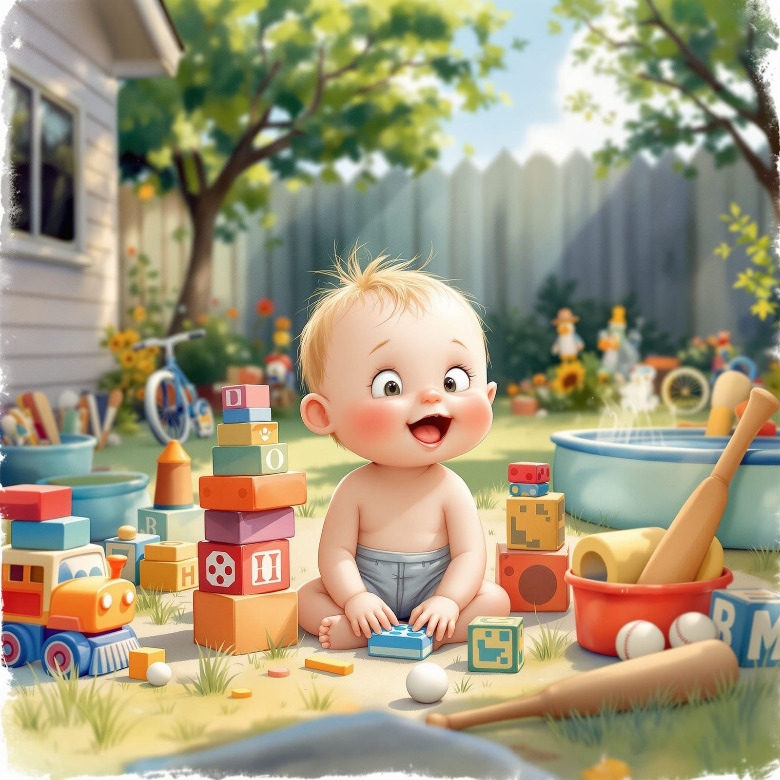 Heartwarming Childhood Scene in Watercolor Style