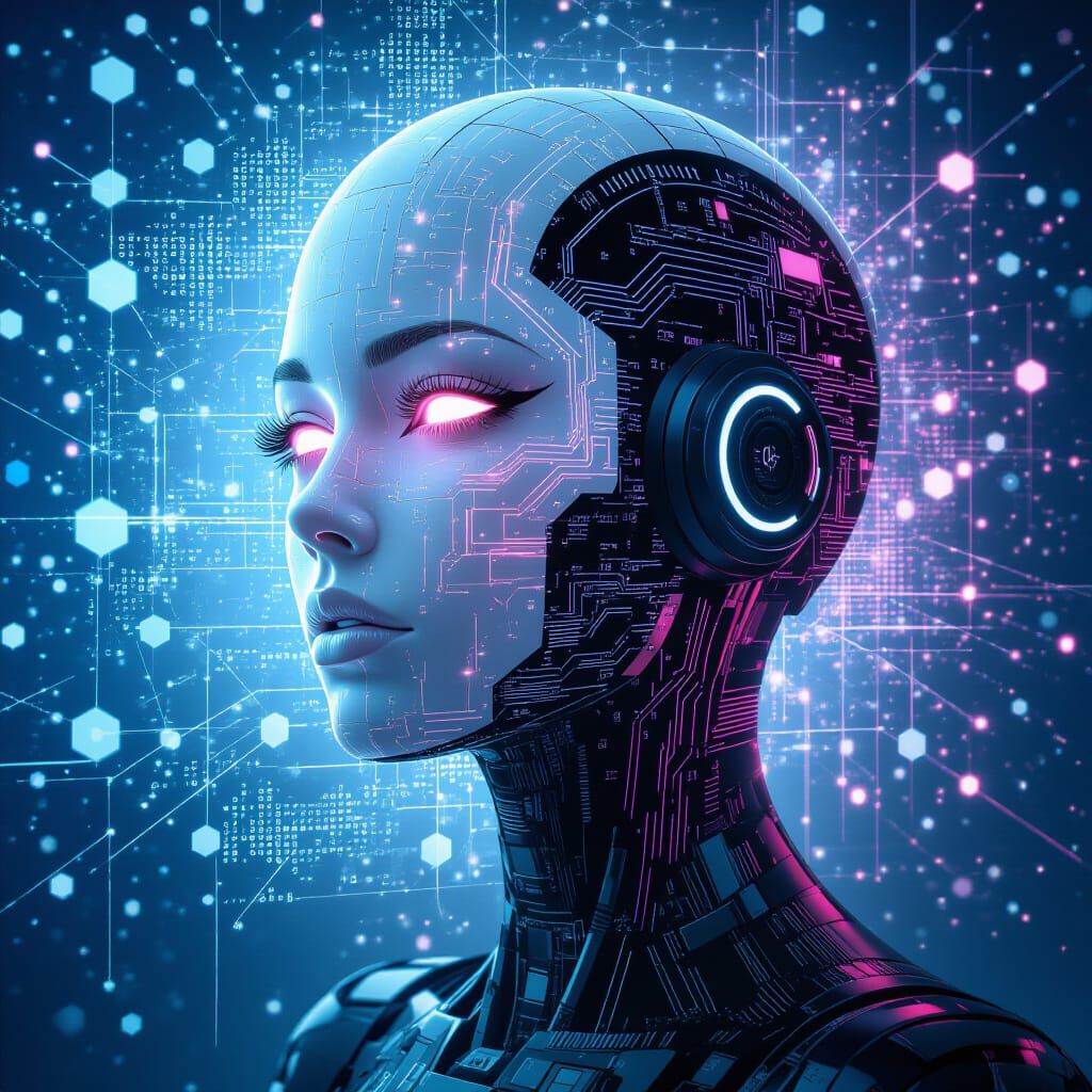 Android Siren in Cyberpunk Style with Digital Artifacts