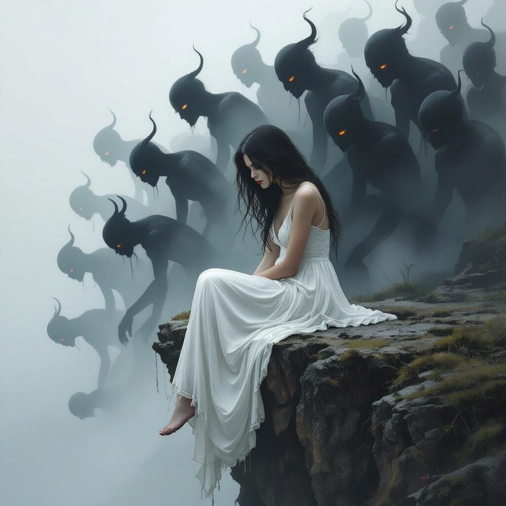 Melancholy Woman with Demons in Ashley Wood Style