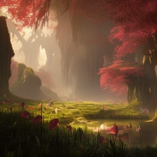 Crimson Flower Palace in Golden Sunlight