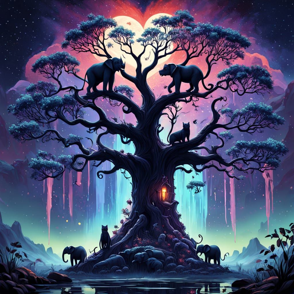 Fantastical Scene of Love on a Vibrant Tree
