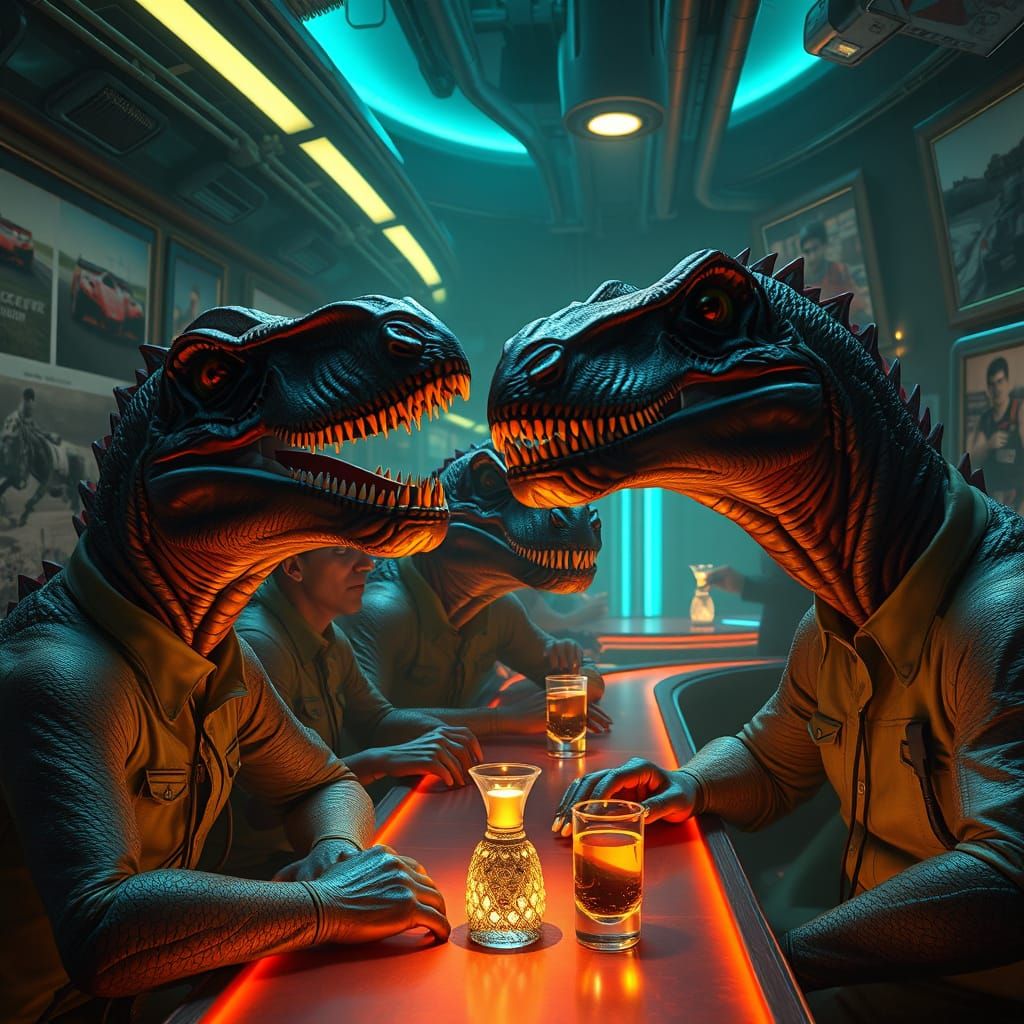 Dinosaur Citizens Enjoying Drinks in Futuristic Bar