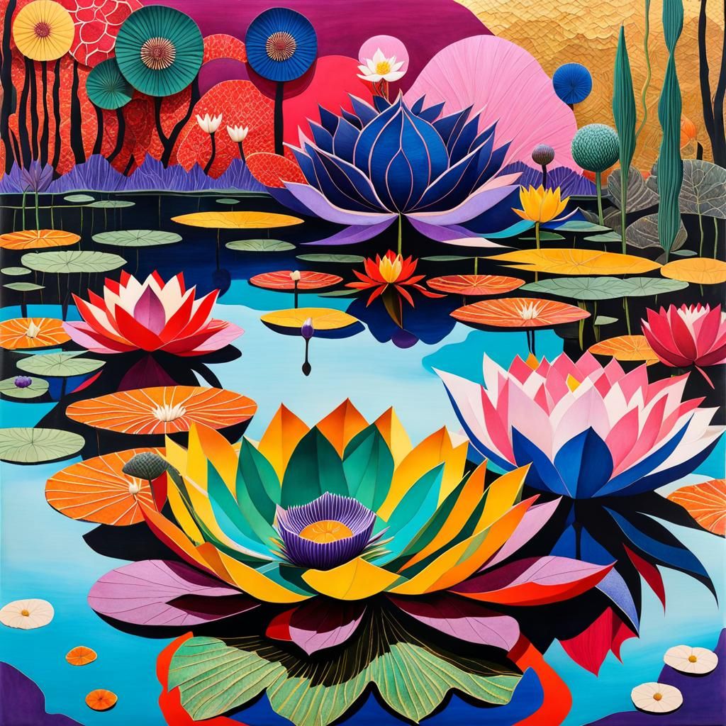Surreal Lotus Pond in Mixed-Media Collage