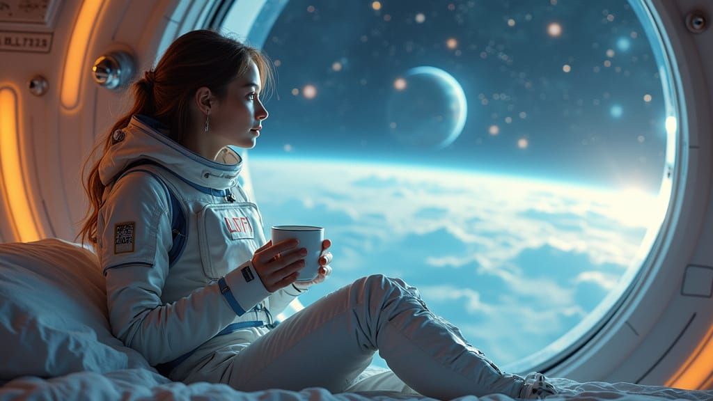 Cozy Space Station Scene in Hyper-Realistic Style