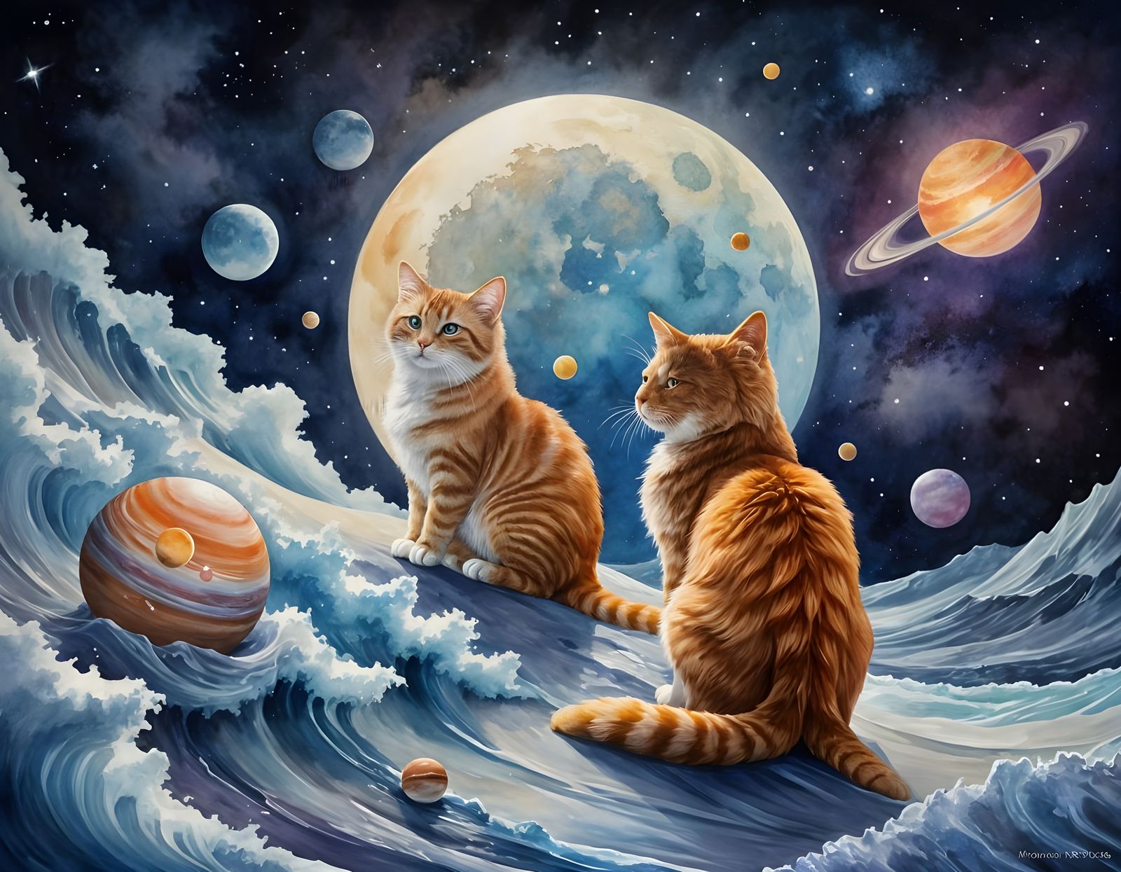 Ginger Cats Admire Celestial Wonders in Soft Watercolor