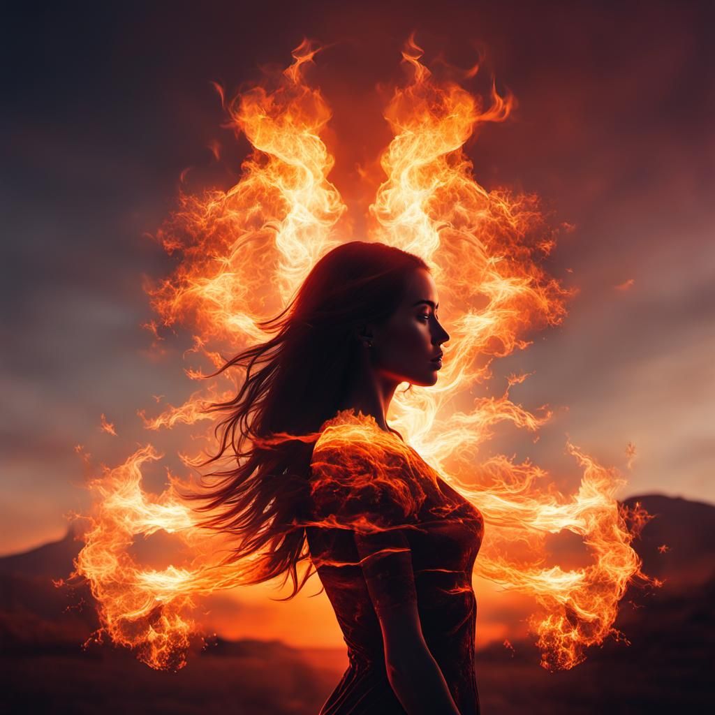 Fiery Sunset Silhouette in Double Exposure Style