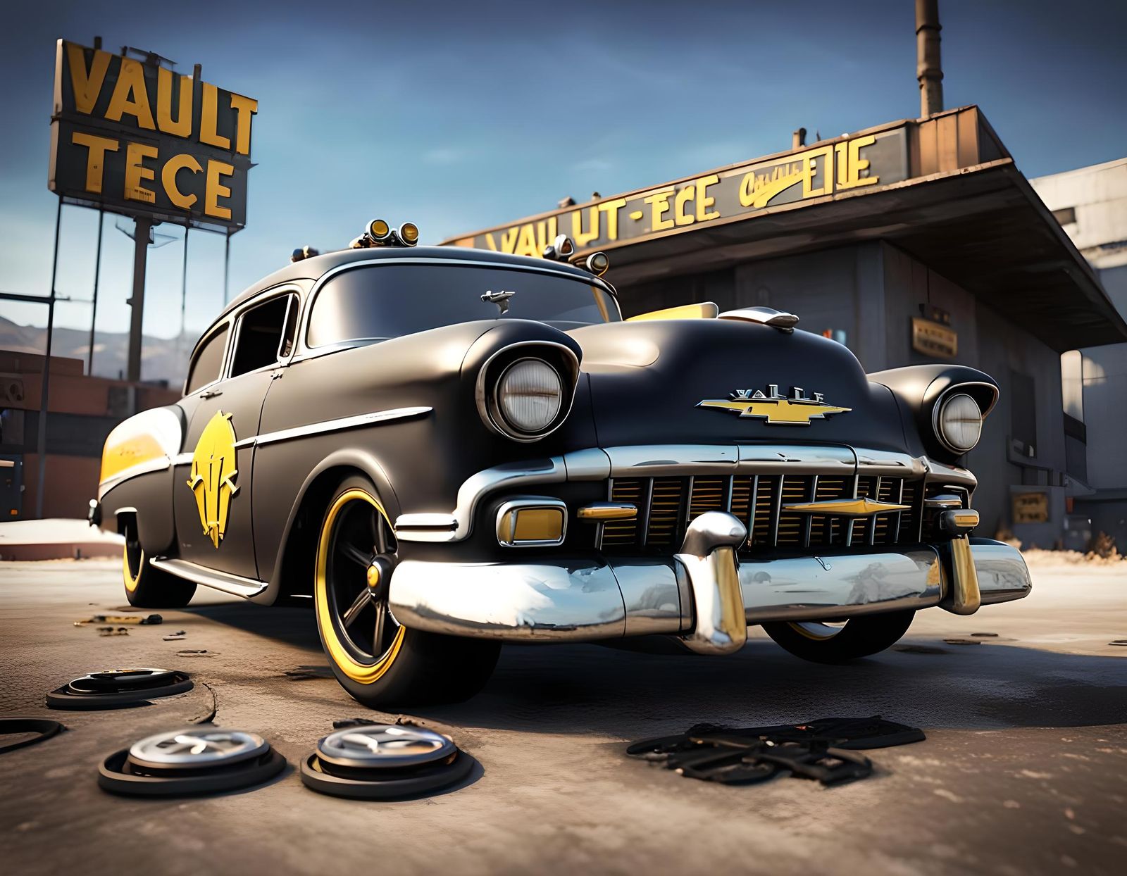 Post-Apocalyptic Vault-Tec Hot Rod in 3D