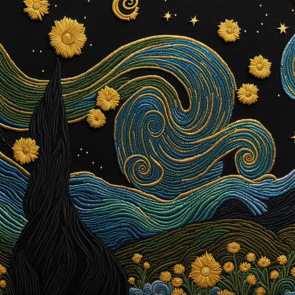 Iridescent Embroidery of Starry Night in Needlepoint Style