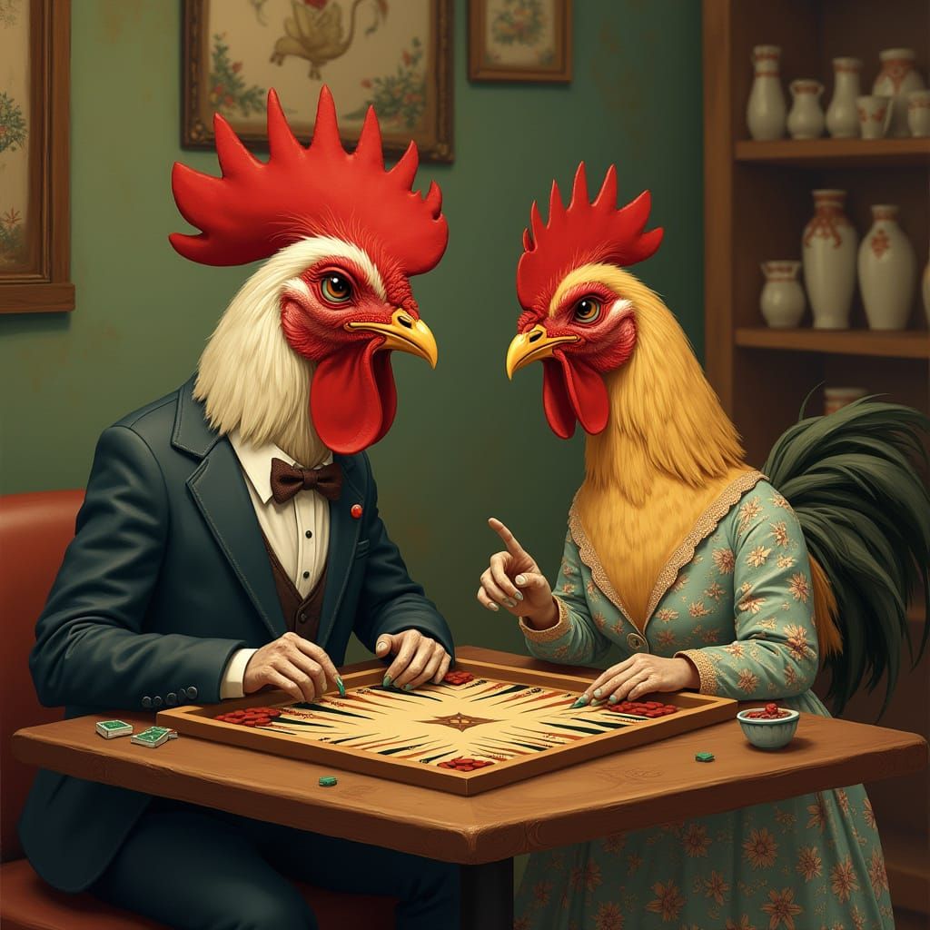 Rooster and Hen Play Backgammon, Whimsical Art