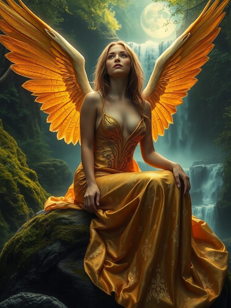 Fallen Angel in Moonlit Forest: Hyperrealistic Fantasy