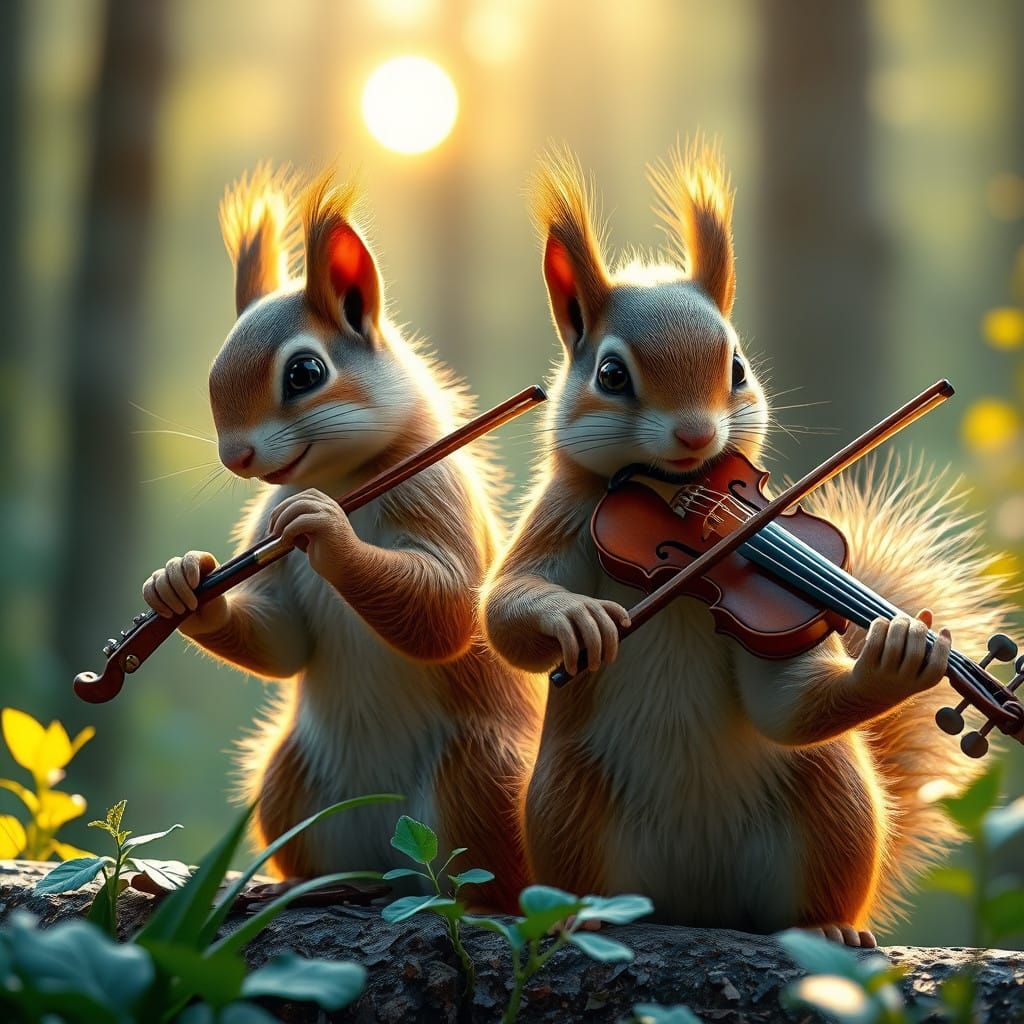 Cute Squirrels in Harmony Orchestra at Sunrise
