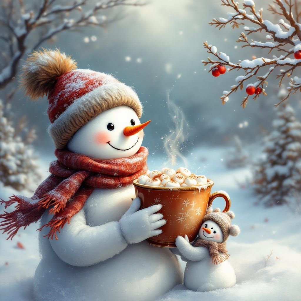 Snowmen Enjoying Coffee in Impressionist Winter Scene