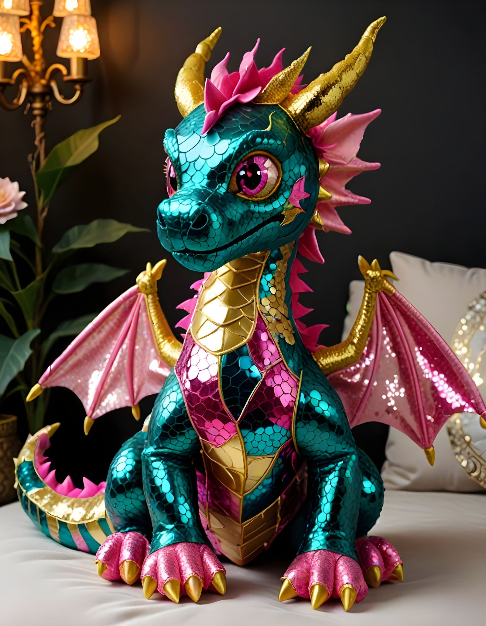 Sewn Patchwork Dragon Toy with Vibrant Gold Sequins