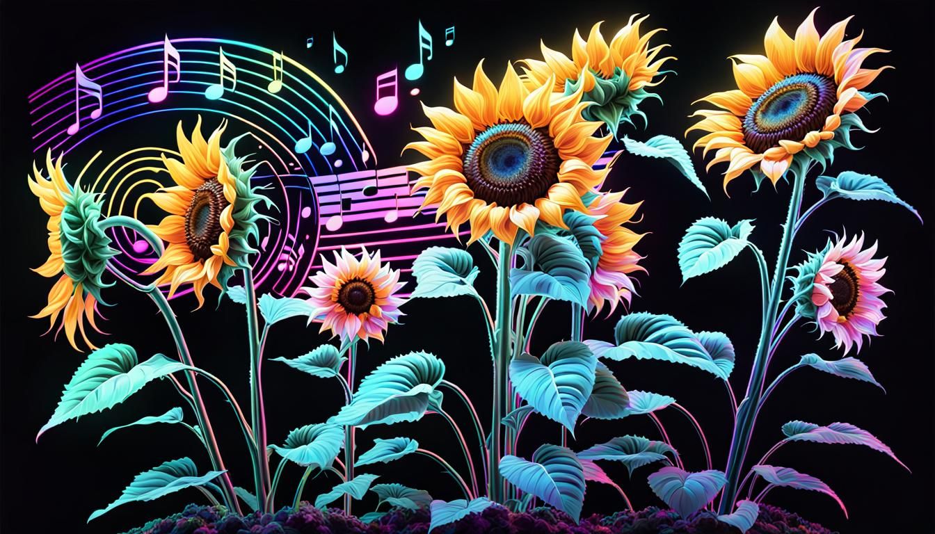 Vaporwave Sunflowers with Fluorescent Music Notes