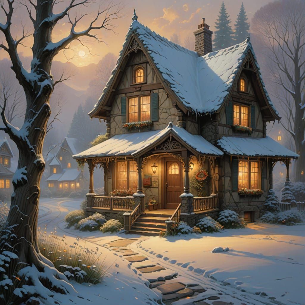 Cozy Winter Cottage Scene in a Whimsical Style
