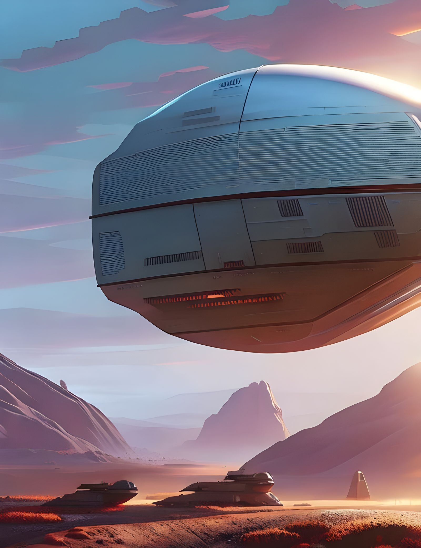 Elaborate Sci-Fi Spaceship Over Beautiful Planet in Hyperrea...