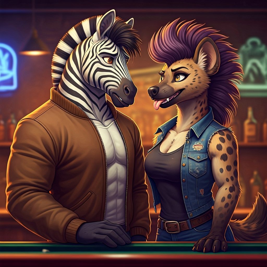 Hyena Flirts with Zebra in Dive Bar, Chiaroscuro Style
