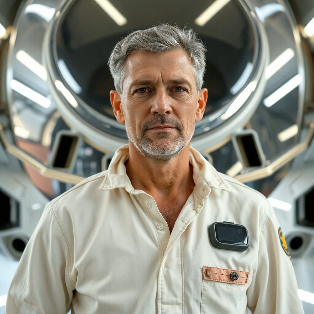 Atomic Age Man with Spaceship in Hyper-Realistic Style