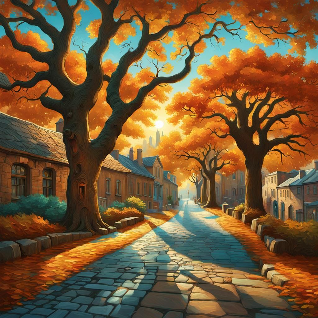 Autumn Oak Trees in Naive Art Style