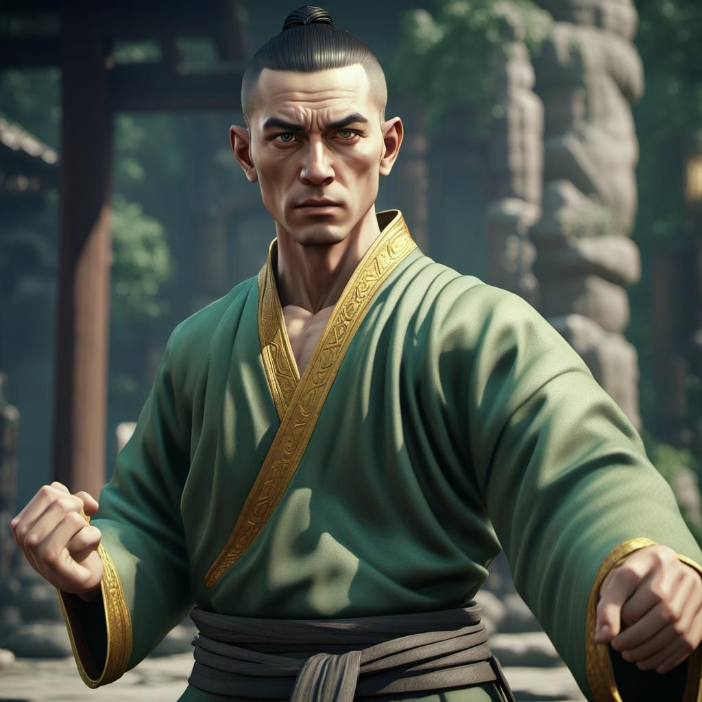 Young Monk in Fighting Pose, 3D Cinematic Render
