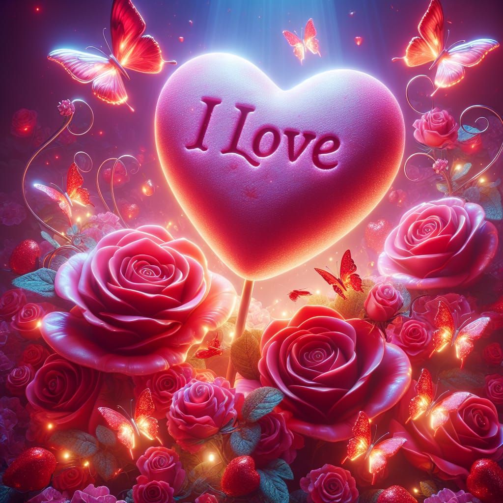 Glowing Candy Heart Amidst Red Roses