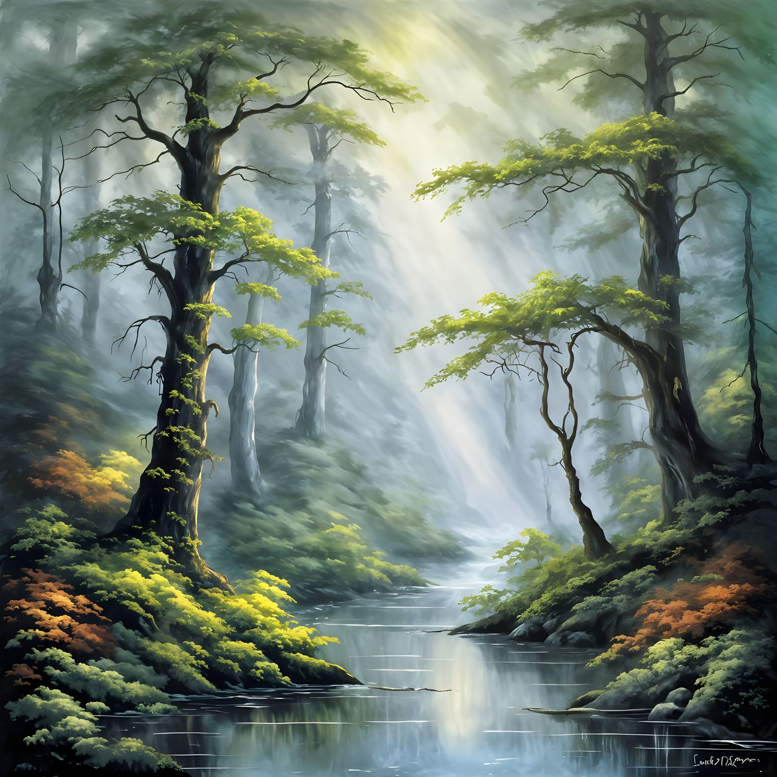 Mysterious Foggy Forest with Silver Light Beams