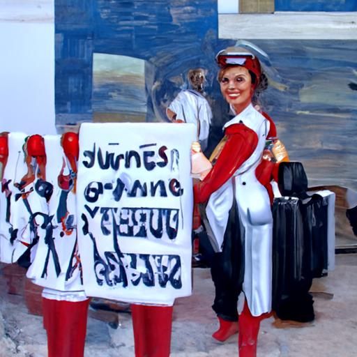 Stewardesses Protest at Airport: Oil Painting