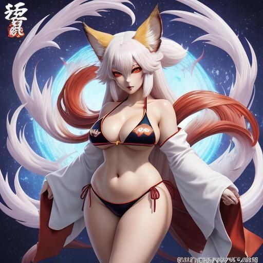 Beautiful Curvy Kitsune Youkai in Anime Style