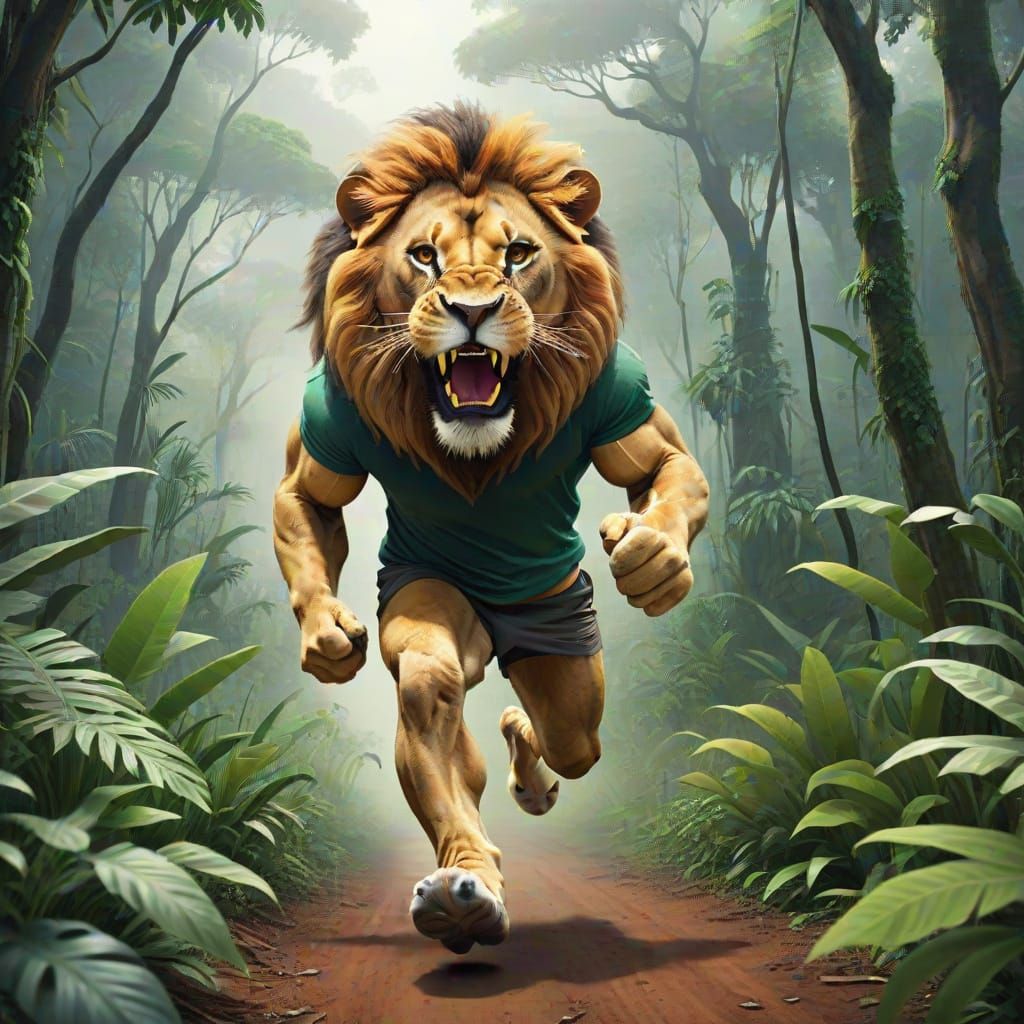Lion Human Hybrid Running Through Jungle