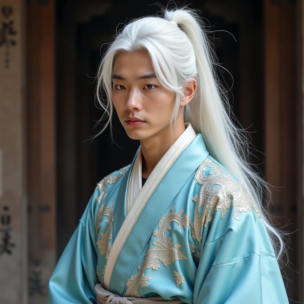 Medieval Samurai in Elegant Blue Kimono