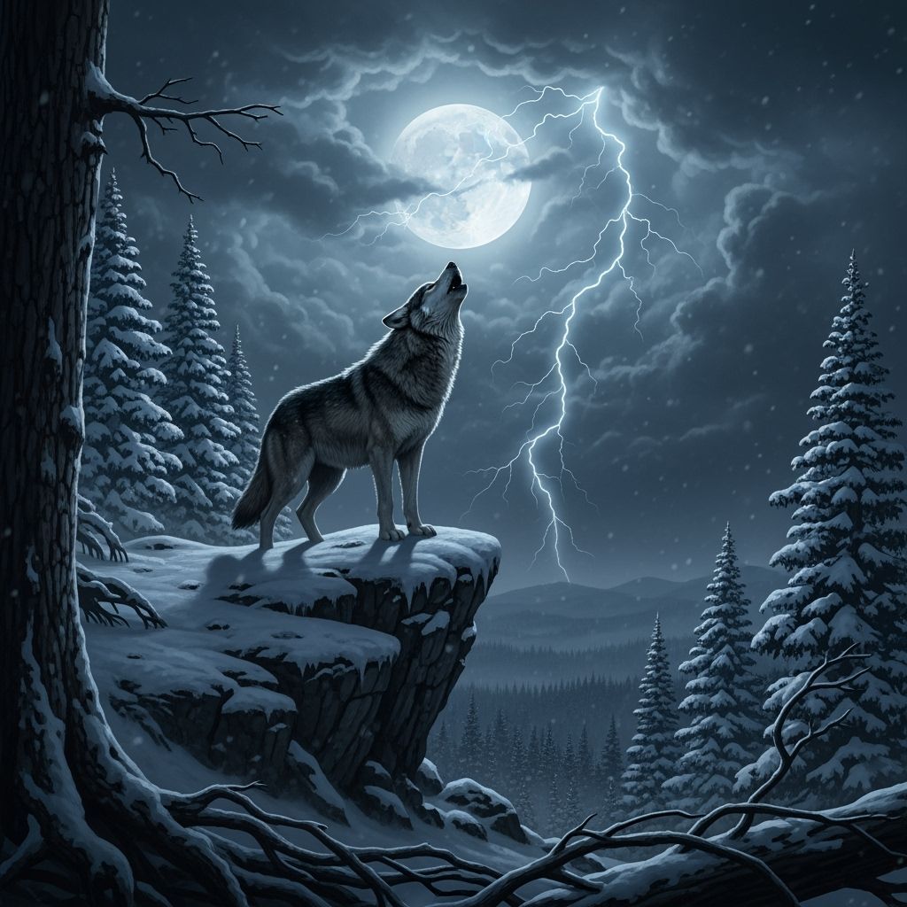 Gray Wolf Howling at Stormy Moonlit Sky