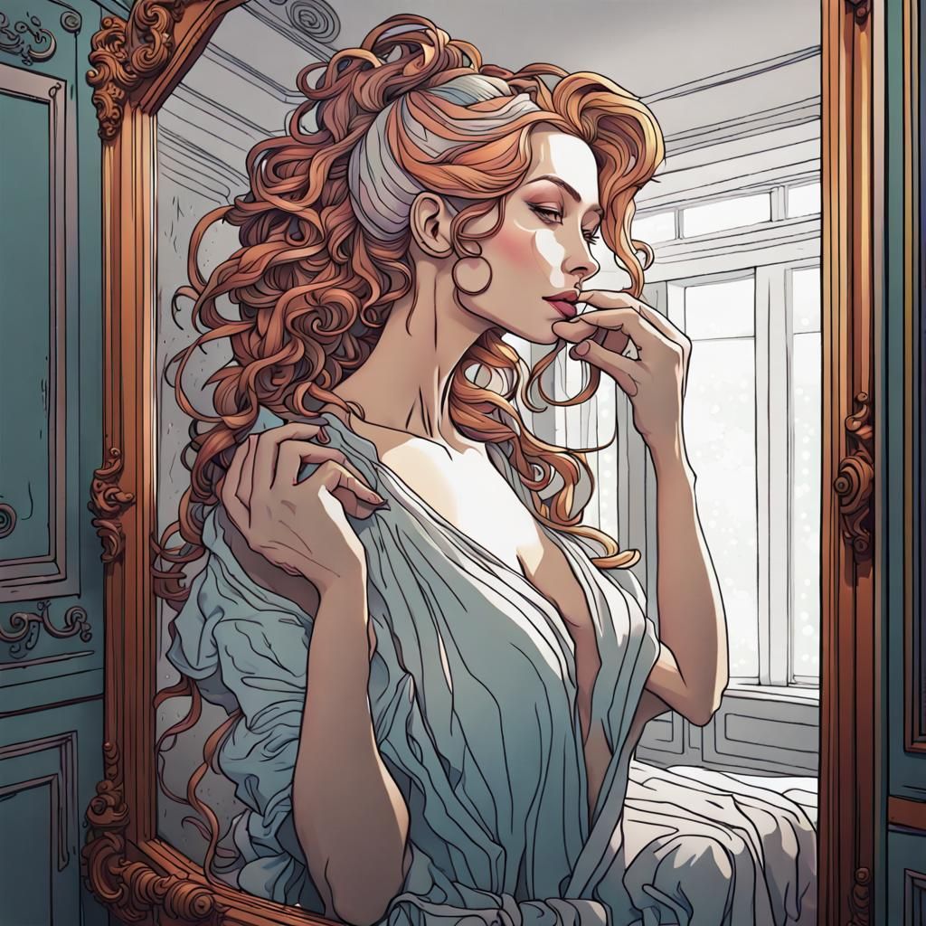 Elegant Woman Combing Hair: Art Nouveau Portrait