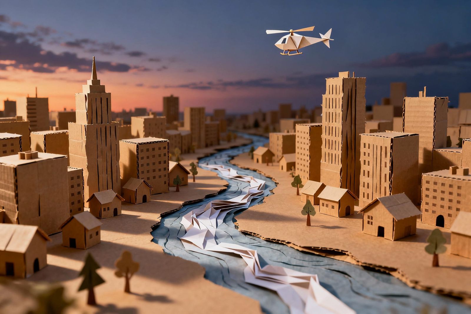 Miniature Cardboard City Under Evening Sky