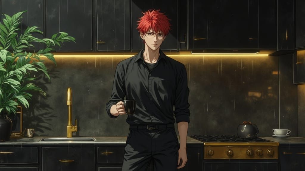 Young Man with Red Hair in Eerie Obsidian Kitchen