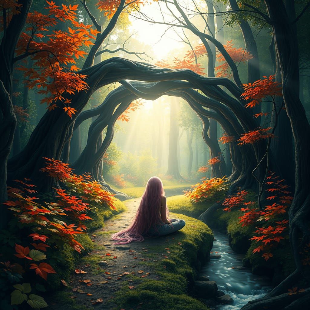 Enchanted Forest Goddess Amidst Vibrant Autumn Splendor