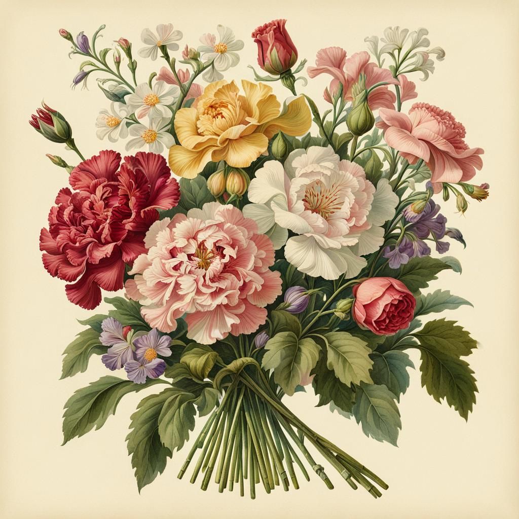 Antique Color Illustrated Bouquet of Flowers