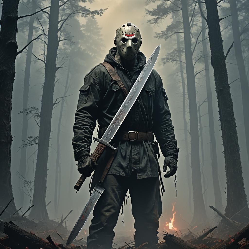 Jason Voorhees in Misty Forest: Gothic Surrealism