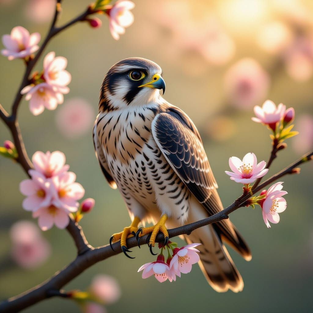 Falcon Perched on Cherry Tree Branch in Digital Art Style