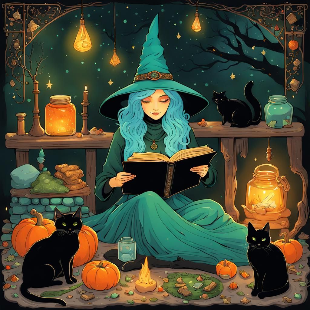 Enchanting Witch Reading Tarot by Fireside
