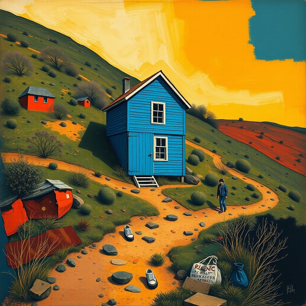 Blue House on Hill in Abstract Style